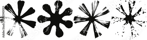 abstract black ink blots with radial brush strokes and splatter patterns on white background