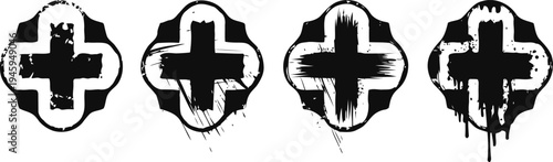 Grunge black cross icons set with rough paint splatter and drop shadow design elements