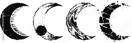 four crescent moon phases black grunge rough brush stroke texture design isolated on white