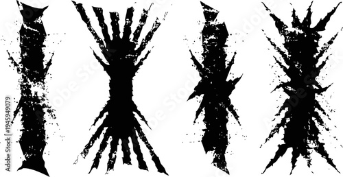 Abstract black ink brush strokes in various dynamic shapes and textures on white background