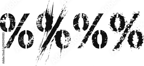 grunge black percentage symbols with distressed texture on white background design