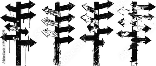 grunge directional signposts set with multiple blank arrow signs in black silhouette