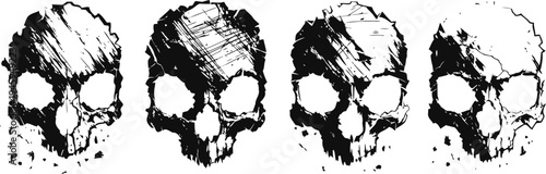 grunge skull illustrations set with rough texture and cracked detail in black