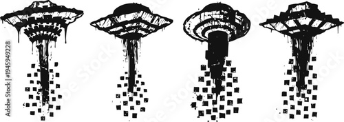 Alien spaceship abducting people ufo mysteries, extraterrestrial invasion, sci fi concept, black and white illustration