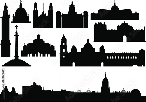 Famous landmark silhouettes collection, historic churches cathedrals monuments architecture skyline set isolated, travel tourism city vector illustration