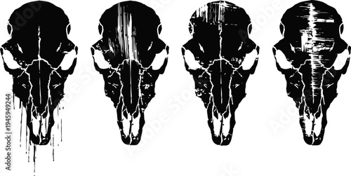 Grunge animal skull silhouettes with distressed texture in black and white design