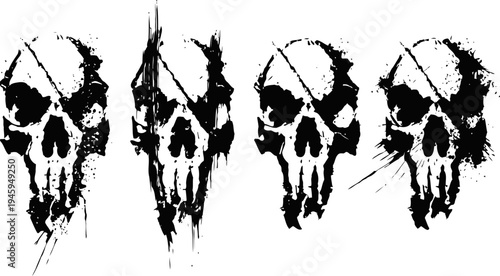 Grunge black skulls set with splatter and scratch textures for edgy dark design elements