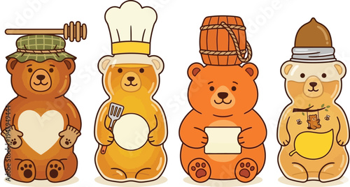 Four charming cartoon honey bear jars with different themed designs and accessories stand together
