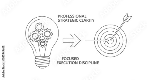 Lightbulb containing gears illustrates the process from professional strategic clarity to achieving a precise target through focused execution discipline.