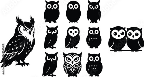 A charming collection of various black owl silhouettes capturing the essence of nocturnal wildlife