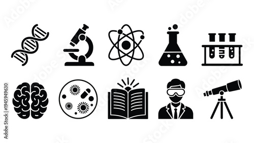 Science education and research icons set dna molecule microscope atom flask test tubes brain petri dish book scientist telescope