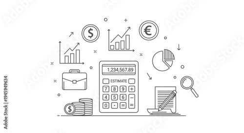 Calculator displays a large number surrounded by financial symbols like currency coins, bar graphs, briefcases, and pie charts indicating detailed accounting and investment calculations.