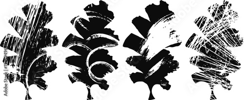 Grunge oak leaves silhouettes with rough texture and distressed effect on white background