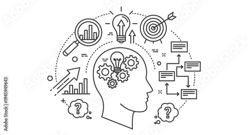 Profile silhouette of a human head containing gears, lightbulbs, and flowcharts symbolizes mental processes like analysis, strategy development, and goal achievement.
