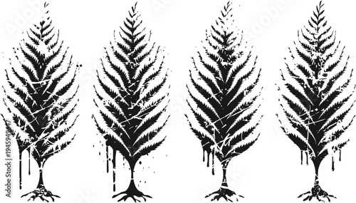 grunge black fern leaf silhouettes with dripping paint effect on white background