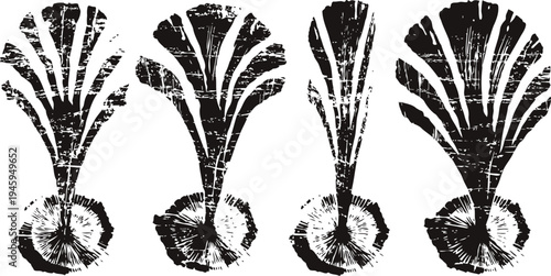 Vintage black hand drawn fan shell illustrations set with detailed textured shading and curved lines