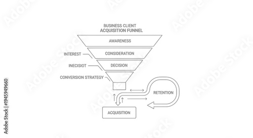 Business client acquisition funnel diagram illustrates marketing stages including awareness, interest, decision, conversion strategy, and ongoing customer retention cycles.