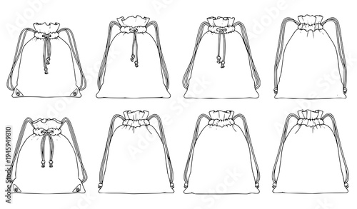 Set of drawstring backpack bags in outline style, reusable fabric sacks with straps in minimal hand drawn vector illustration collection