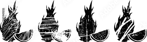 Grunge pineapple slices and whole fruits with textured black silhouettes on white background