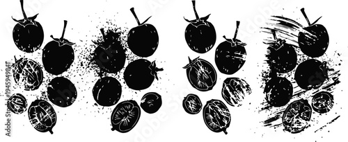 black grape clusters ink stamp set vintage textured fruit prints with grunge overlay artistic botanical illustration