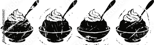 four bowls of chocolate ice cream topped with whipped cream and spoons in a row