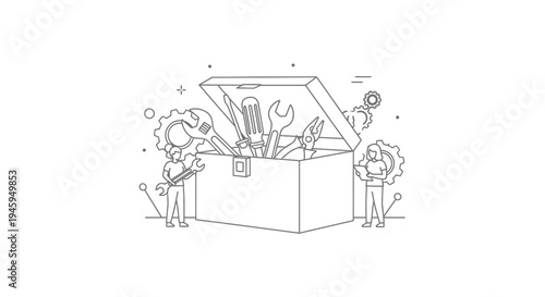 Two small figures hold tools beside an open toolbox filled with various implements, symbolizing maintenance, repair, or technical support solutions.