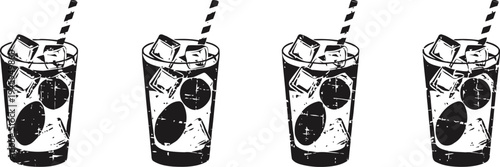 Four refreshing glasses of cold citrus drink with ice and striped straws in a row