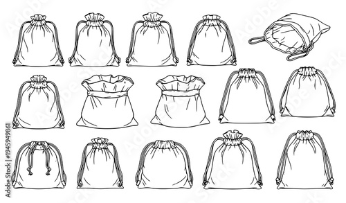 Collection of drawstring bags in various shapes, reusable fabric pouches in outline style, storage sack illustration set in hand drawn vector design