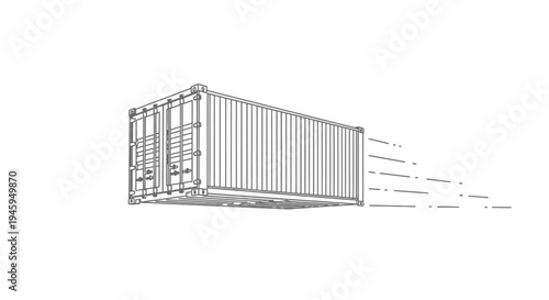 A simplified line drawing displays a large shipping container moving rapidly across a white background indicating fast global logistics operations.