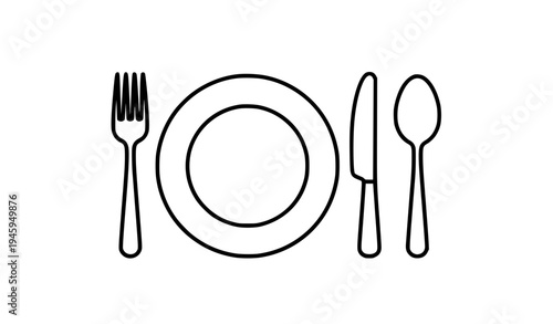 Minimal line art table setting with plate fork knife and spoon, simple dining outline illustration in clean vector style isolated on light background