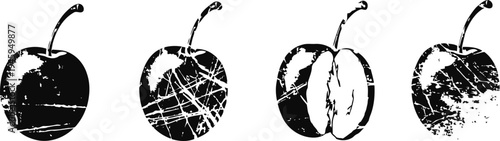 hand drawn cherries set whole and halved cherry sketches with detailed texture and shading