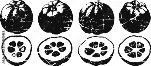 Black and white vector silhouettes of persimmon fruit whole and sliced with seeds detailed
