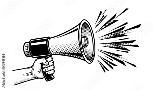 Hand Holding Megaphone with Loud Sound Waves Illustration for Announcement, Marketing Promotion, Public Speech, Protest Communication and Advertising Concept Design
