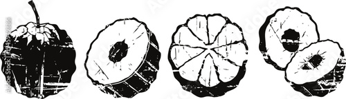 santol tropical fruit whole, cross section, and sliced segments with seeds and peel