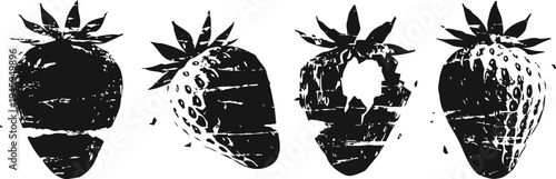 black and white strawberry silhouettes with textured grunge effect isolated on white background