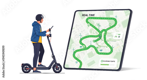Man riding electric scooter with smartphone navigation map