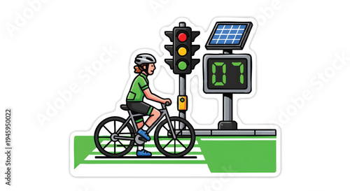 Cyclist riding bike past solar powered traffic light and timer