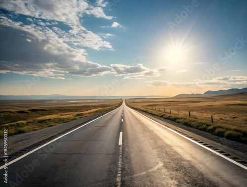 Long empty highway disappears into distant horizon through vast golden fields under blue sky with fluffy clouds and brilliant sunlight casting warm lens flare over peaceful rural landscape.