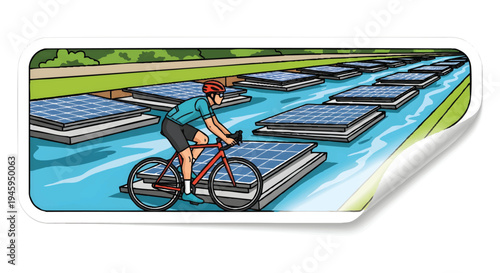 Man riding bicycle on floating solar panels in a serene canal