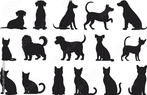 Dog and cat silhouettes collection, different pet poses set including sitting standing walking animals isolated, flat vector illustration