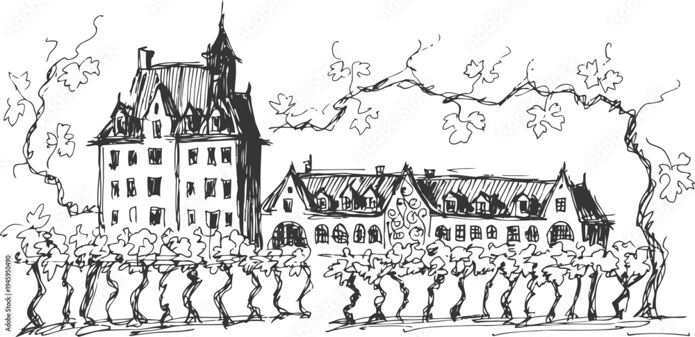 Naklejka premium Historic european castle and vineyard landscape with detailed vine leaves and architecture sketch