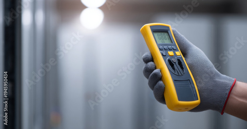 Handheld digital multimeter in glove
