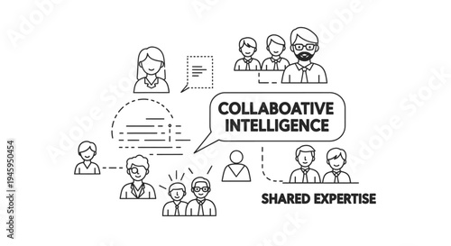 A diverse group of stylized user avatars communicates complex shared expertise leading to collaborative intelligence, represented by interconnected profiles and text bubbles.