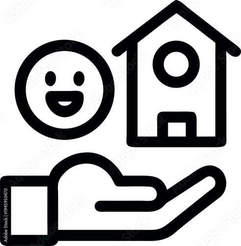 A hand holding a house and a smiley face