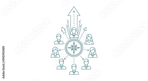 Team members connect around a central compass icon, illustrating shared direction and upward career progression toward a goal.