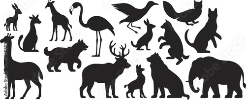 Animal silhouettes collection, wild and domestic animals set including deer elephant dog bird giraffe kangaroo fox isolated vector illustration