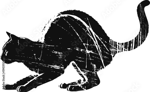 Black cat silhouette crouching with arched back and raised tail in spooky halloween