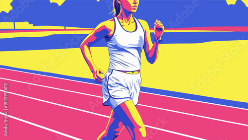 Vibrant vector illustration of a female runner training on a track, depicting fitness and healthy lifestyle