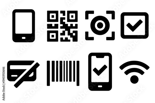 Scan to Pay Icons. Scan to Pay silhouette set: smartphone, QR code, camera lens, checkmark, cashless symbol, barcode, confirmation screen, wireless signal