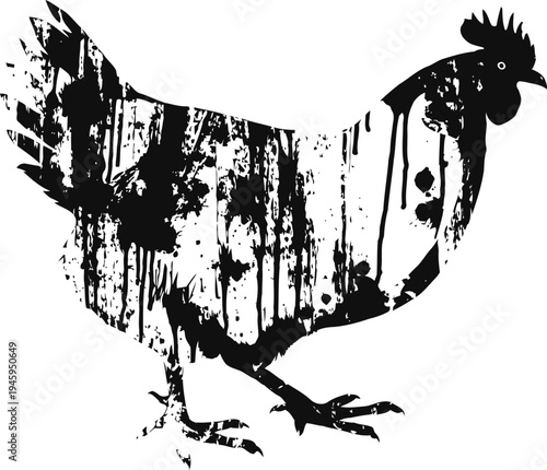 silhouette of a rustic chicken with textured black paint splatter design